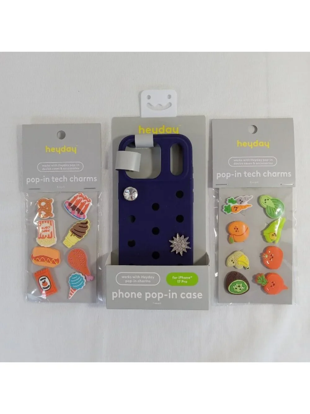 Heyday iPhone 17 Pro Pop-In Case Dark Blue + 2 Packs Food & Veggie Tech Charms